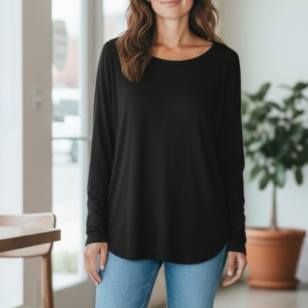 Tahari Luxury Knit Long Sleeve Scoop Neck Top | Black | Medium - Picture 2 of 9